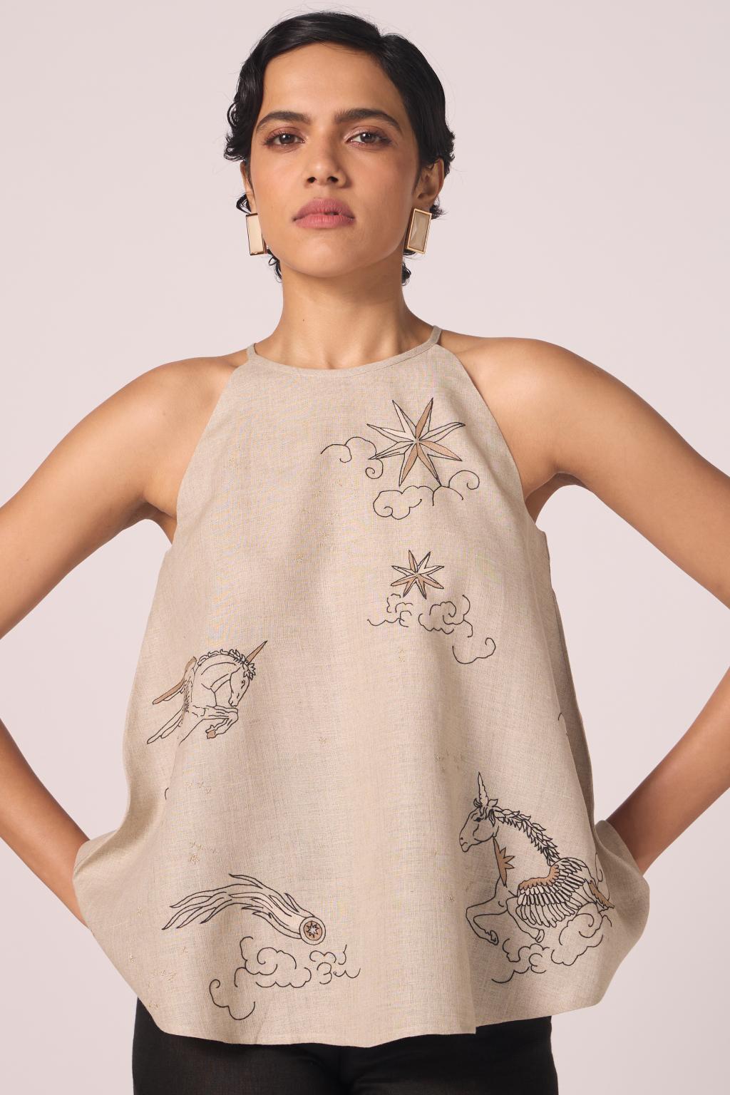 Maarah Beige Linen Halter Top