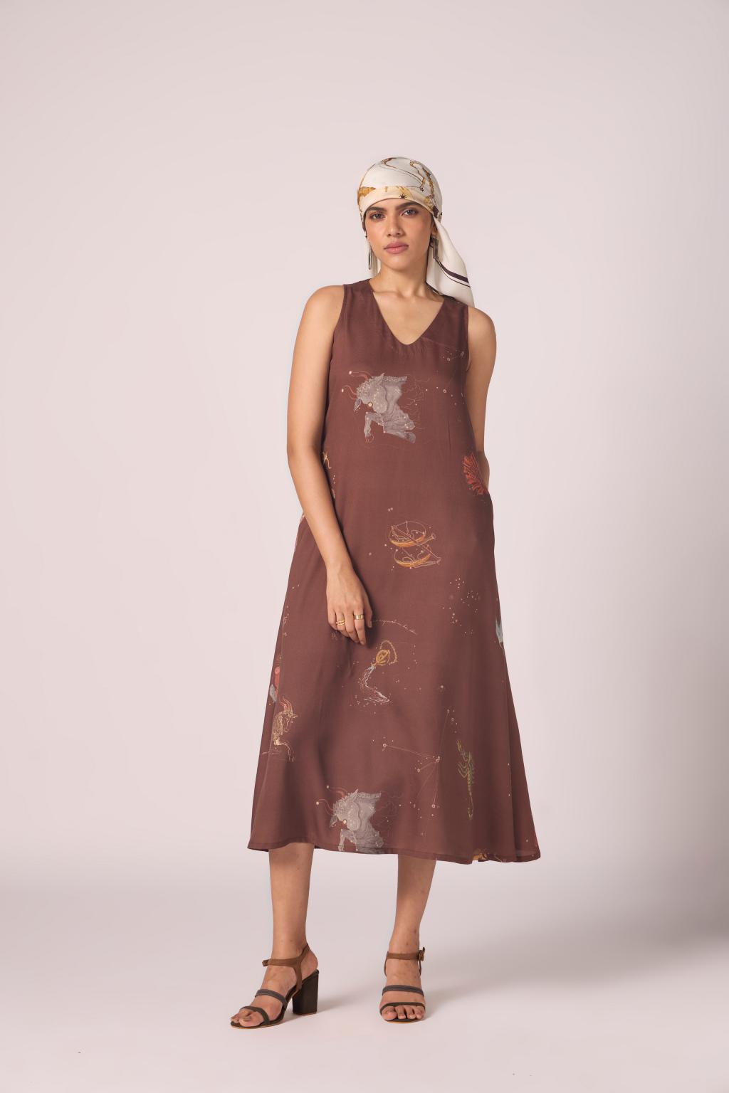 Saira Brown Zodiac Print Maxi Dress