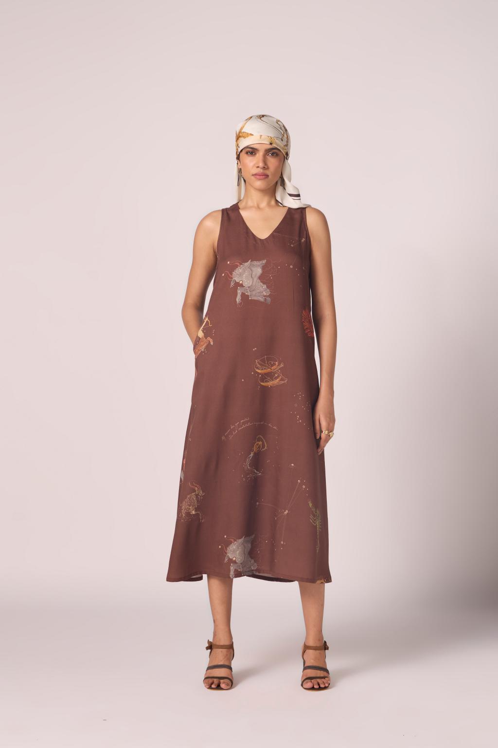 Saira Brown Zodiac Print Maxi Dress