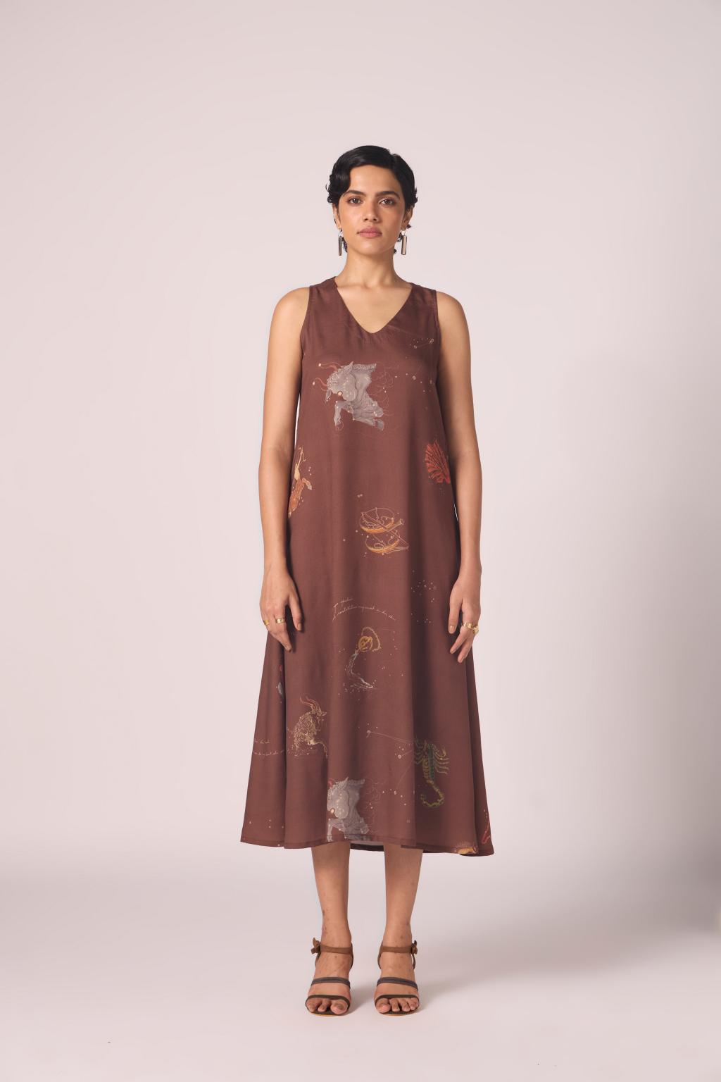 Saira Brown Zodiac Print Maxi Dress