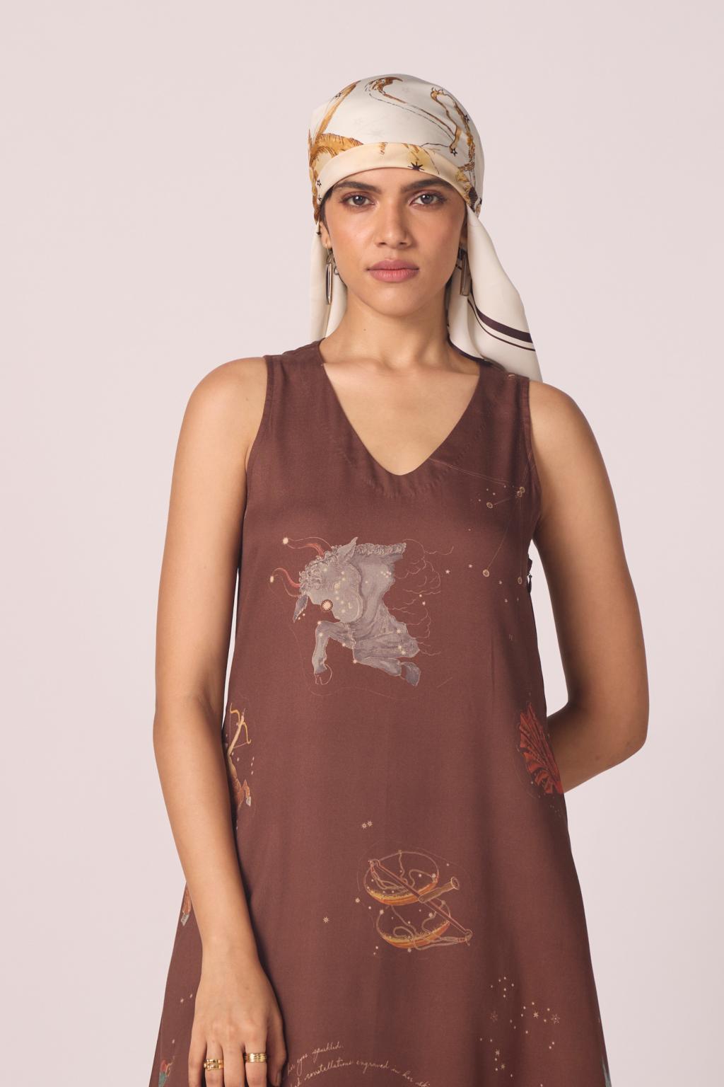 Saira Brown Zodiac Print Maxi Dress