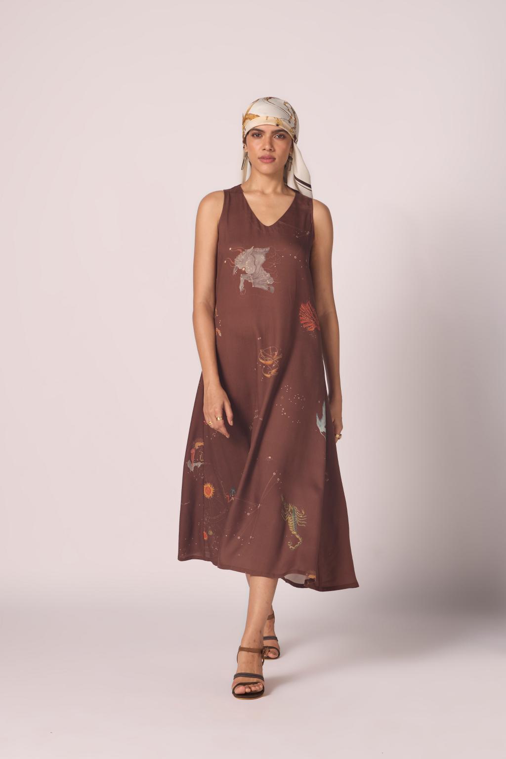 Saira Brown Zodiac Print Maxi Dress