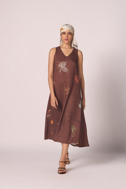 Saira Brown Zodiac Print Maxi Dress