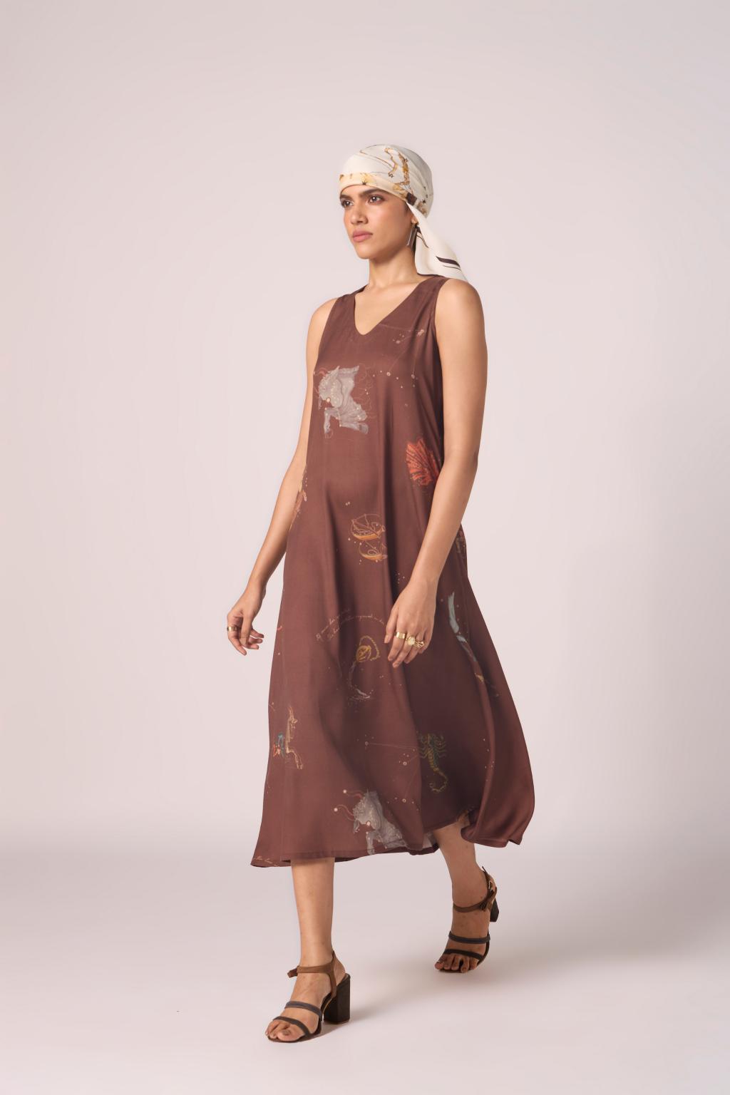 Saira Brown Zodiac Print Maxi Dress
