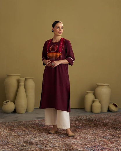 Burgundy Handwoven Cotton & Ikat Kurta with Handwork