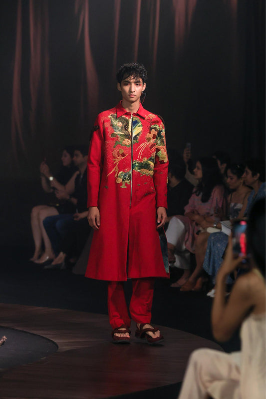 Red Embroidered Long Jacket Set