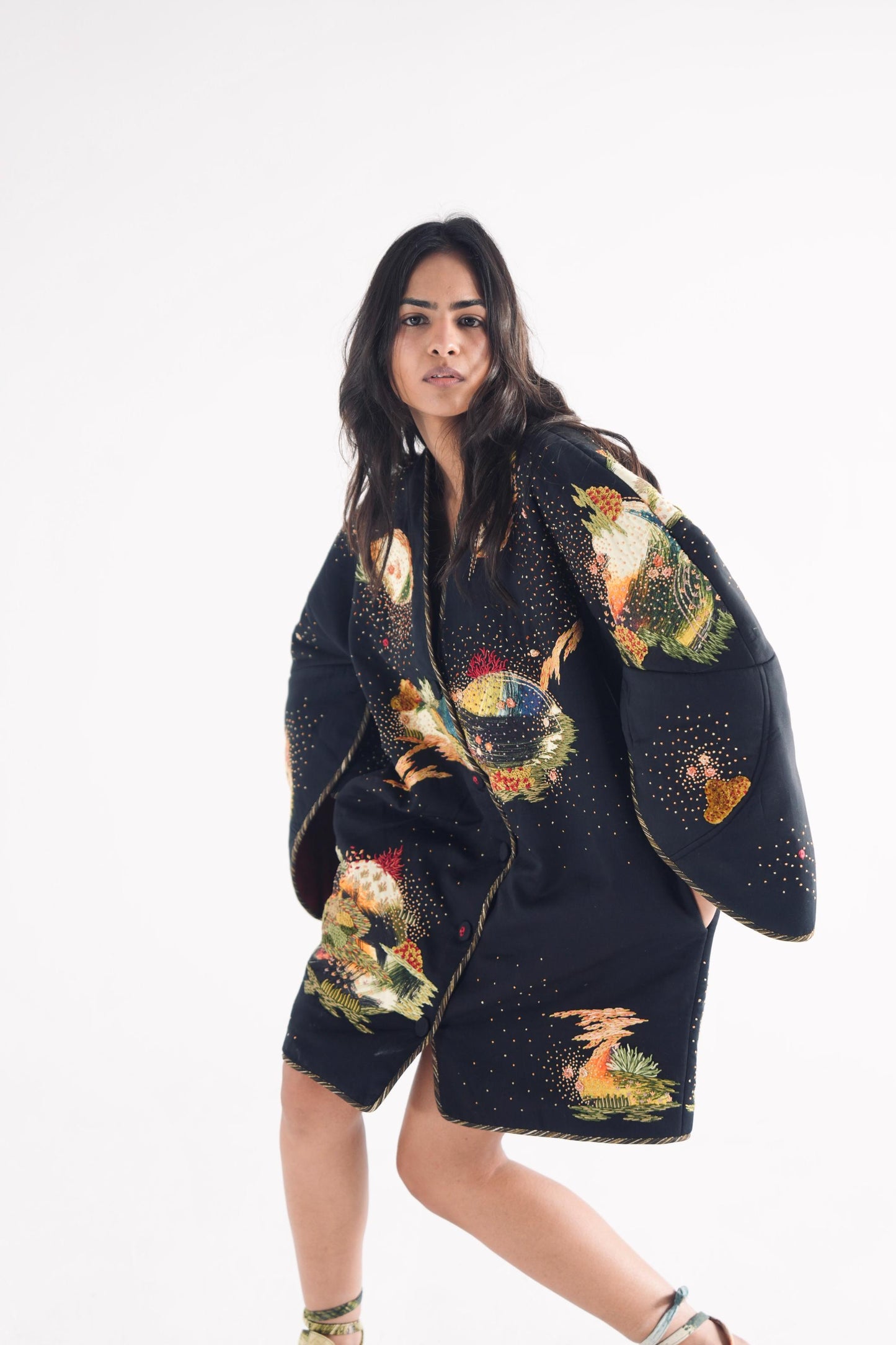 Soot Black Puffer Embroidered Jacket