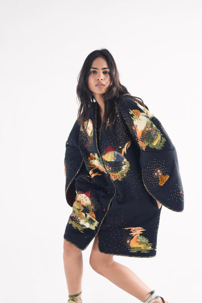 Soot Black Puffer Embroidered Jacket