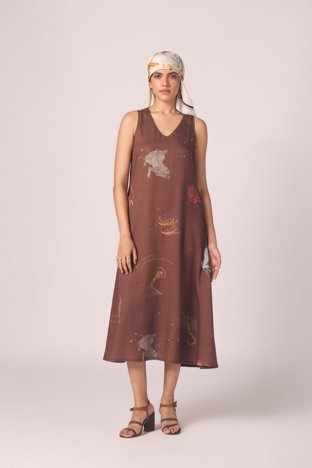 Saira Brown Zodiac Print Maxi Dress
