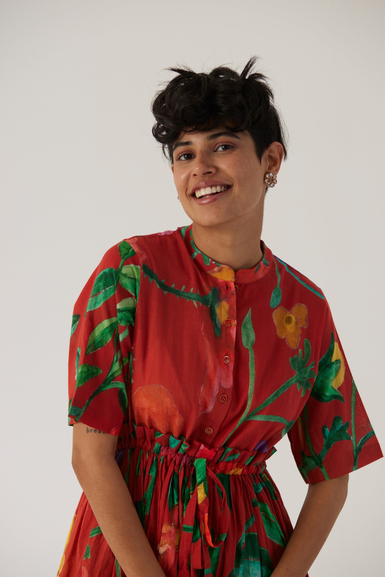 Big Botanical Red Gathered Dress