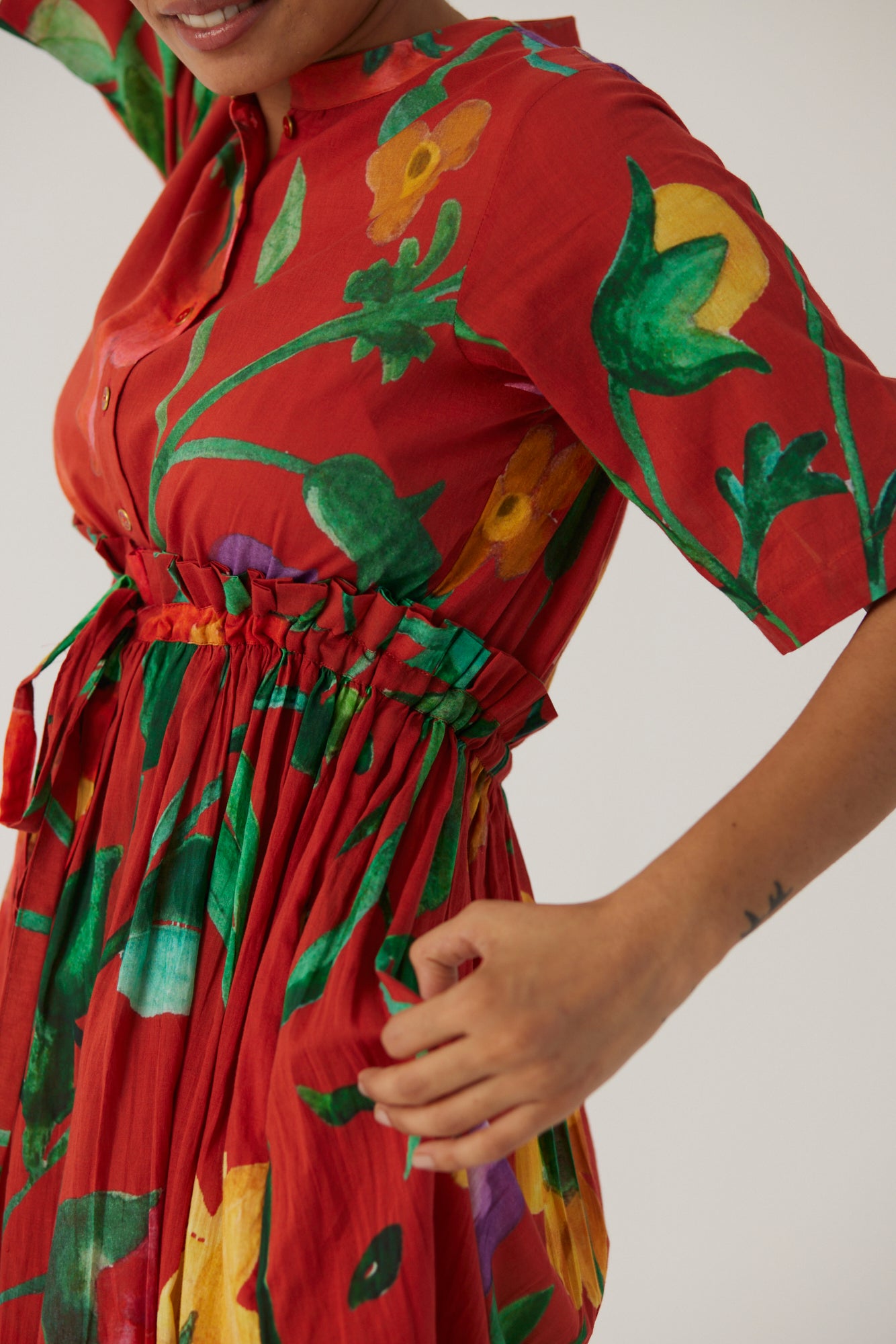 Big Botanical Red Gathered Dress