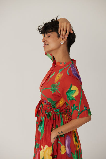 Big Botanical Red Gathered Dress