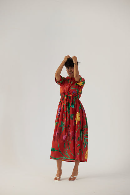 Big Botanical Red Gathered Dress