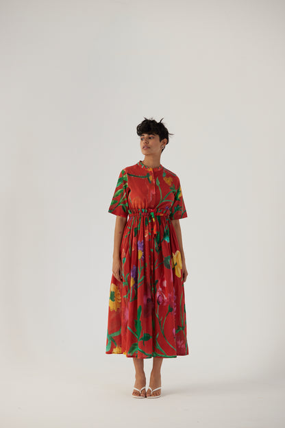 Big Botanical Red Gathered Dress