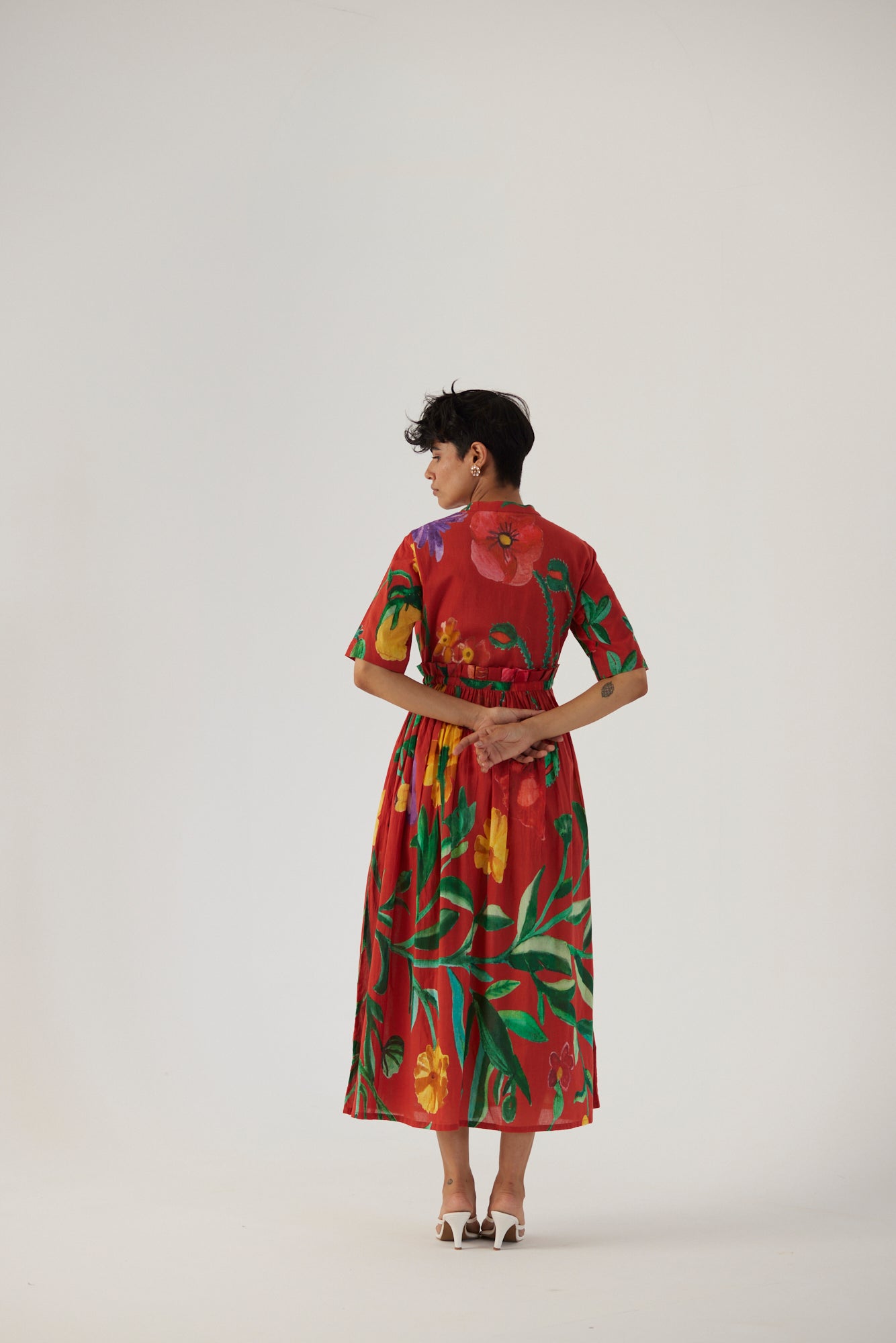 Big Botanical Red Gathered Dress