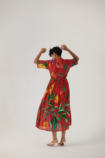 Big Botanical Red Gathered Dress