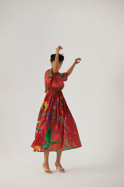 Big Botanical Red Gathered Dress