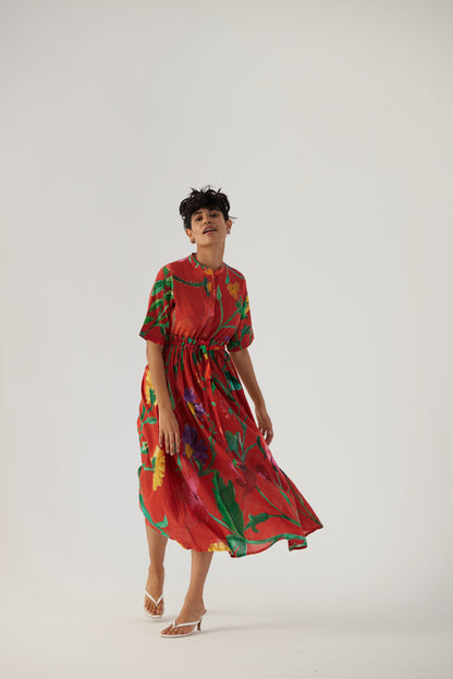 Big Botanical Red Gathered Dress