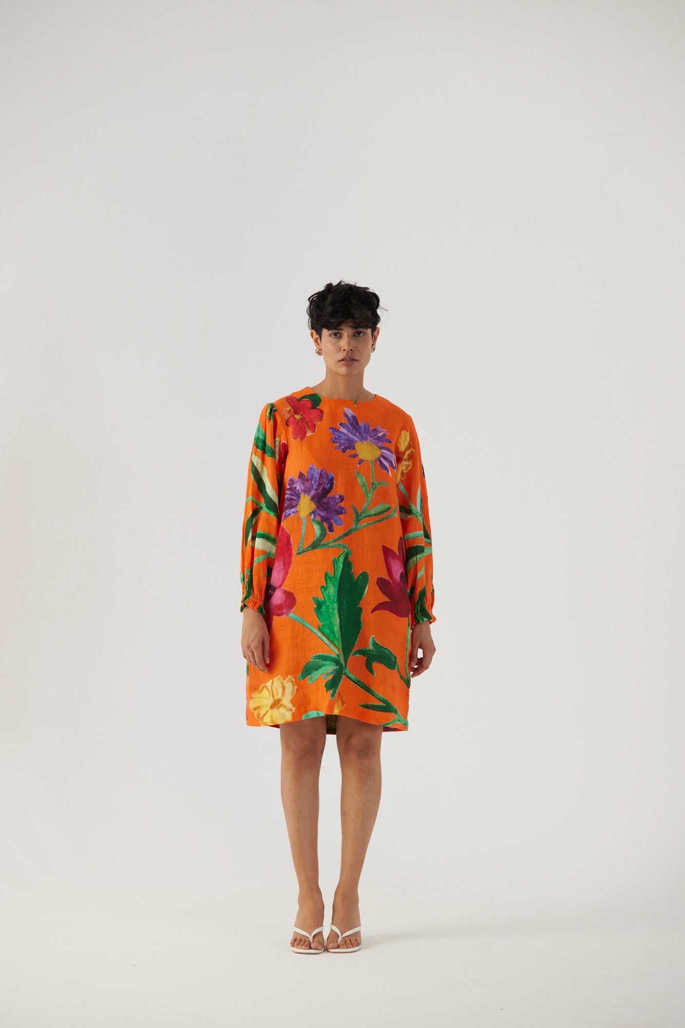 Big Botanical Orange Linen Short Dress