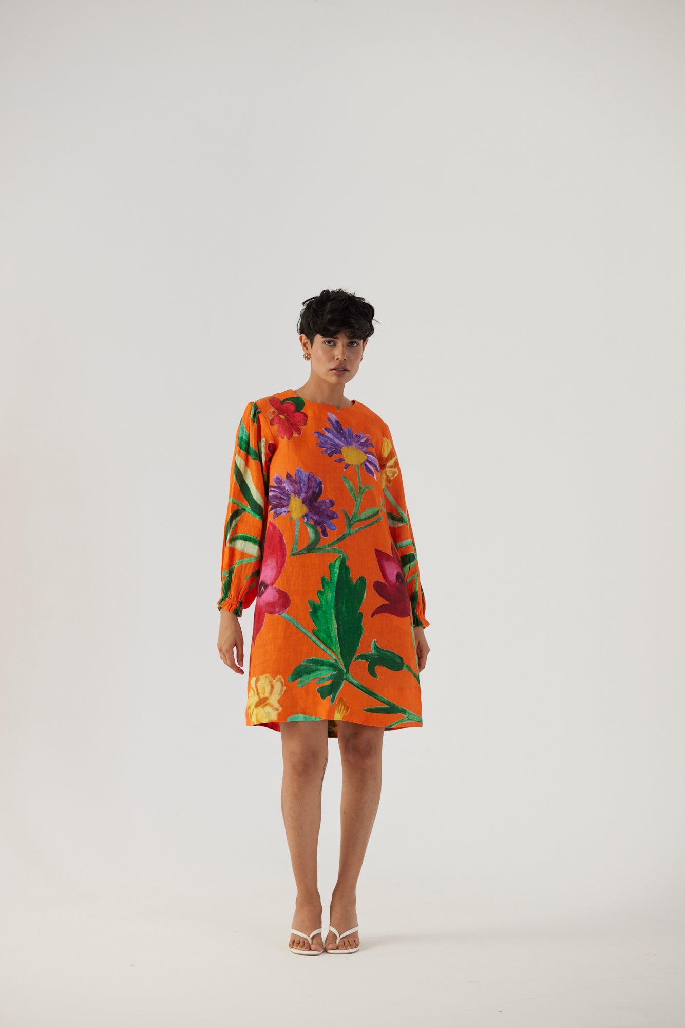 Big Botanical Orange Linen Short Dress