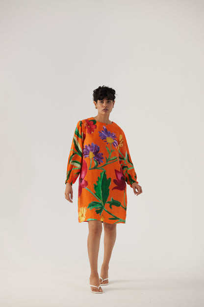 Big Botanical Orange Linen Short Dress