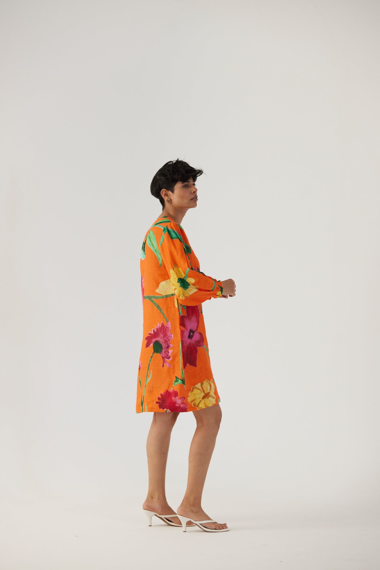 Big Botanical Orange Linen Short Dress