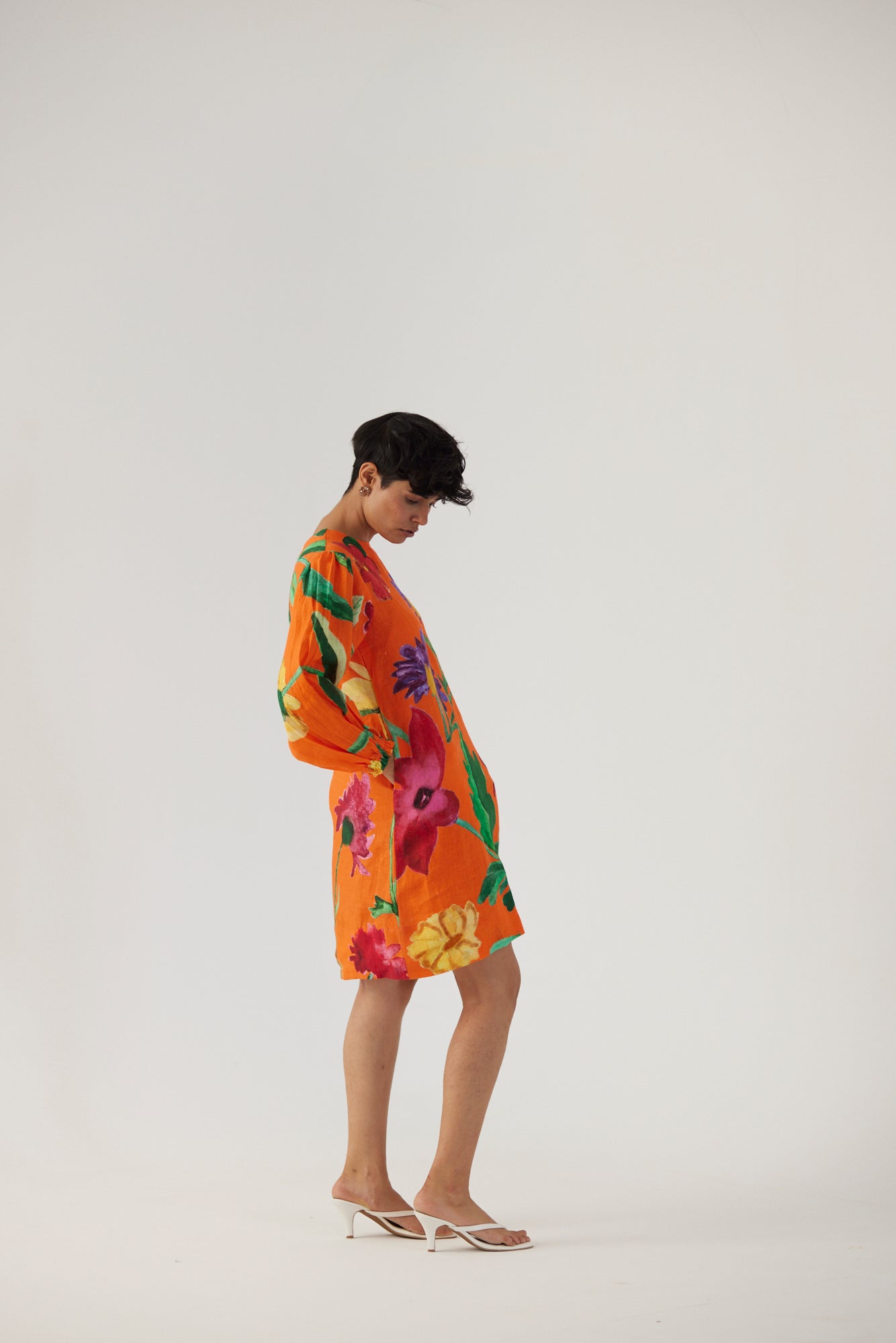 Big Botanical Orange Linen Short Dress