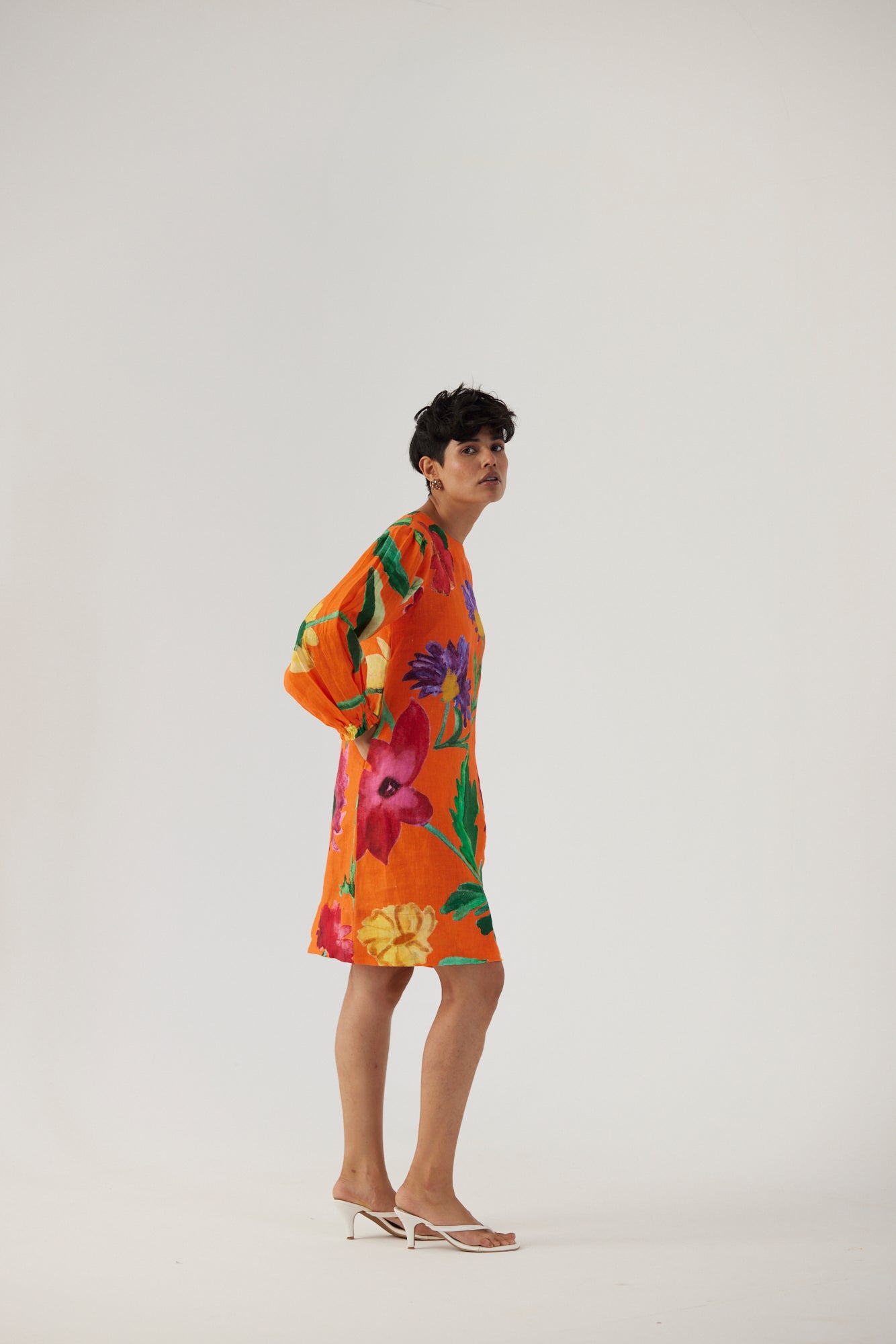 Big Botanical Orange Linen Short Dress