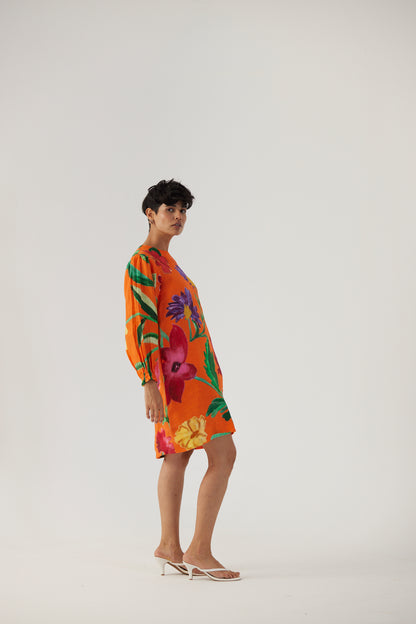 Big Botanical Orange Linen Short Dress