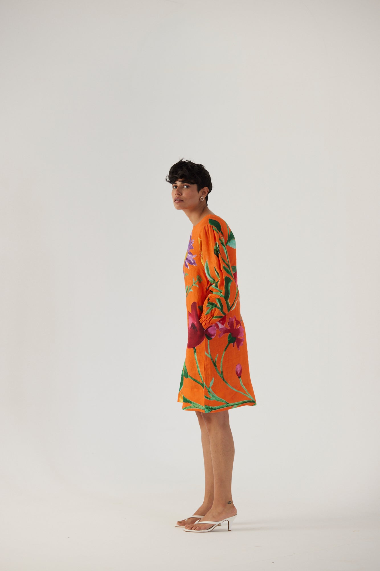 Big Botanical Orange Linen Short Dress