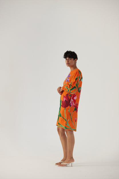 Big Botanical Orange Linen Short Dress