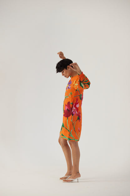 Big Botanical Orange Linen Short Dress