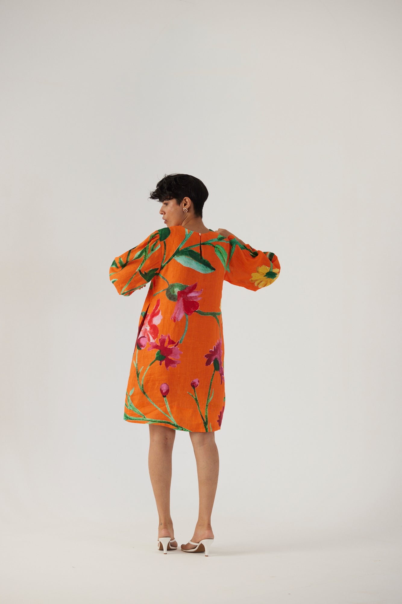 Big Botanical Orange Linen Short Dress