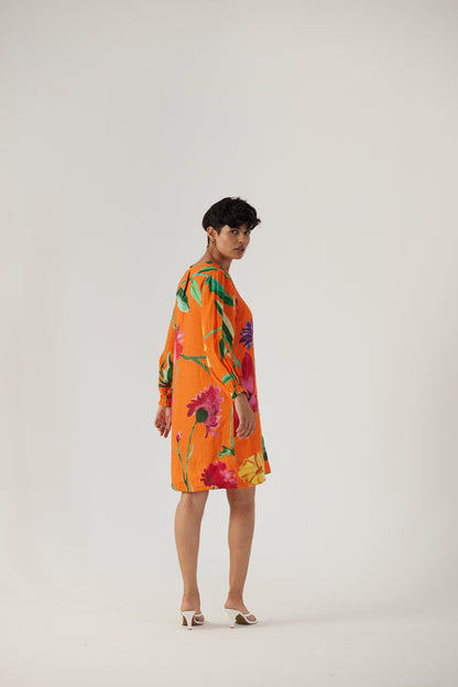 Big Botanical Orange Linen Short Dress