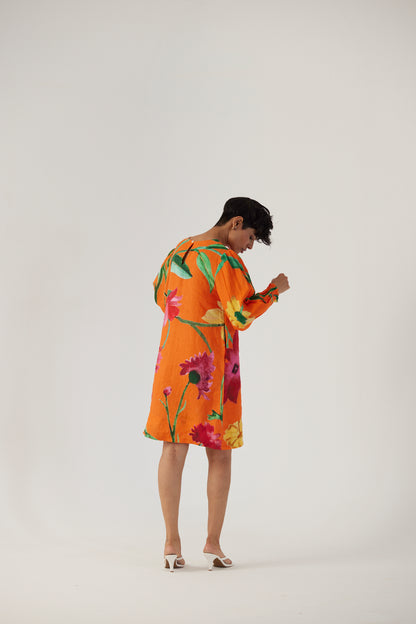 Big Botanical Orange Linen Short Dress