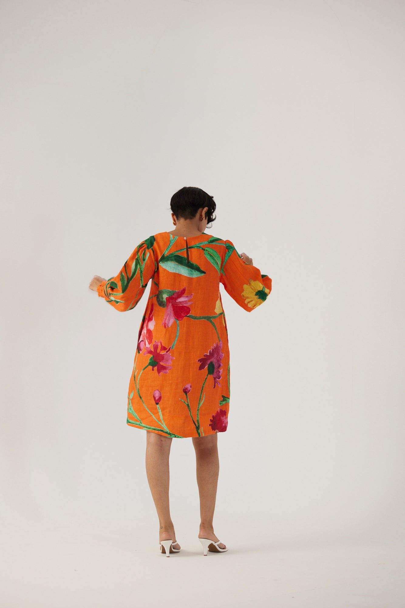 Big Botanical Orange Linen Short Dress