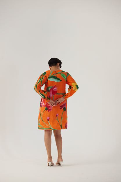 Big Botanical Orange Linen Short Dress