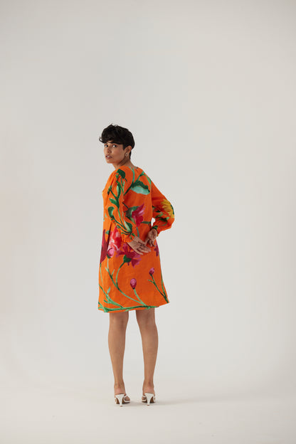 Big Botanical Orange Linen Short Dress