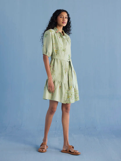 Sia Hand-Embroidered Floral Dress - Mint