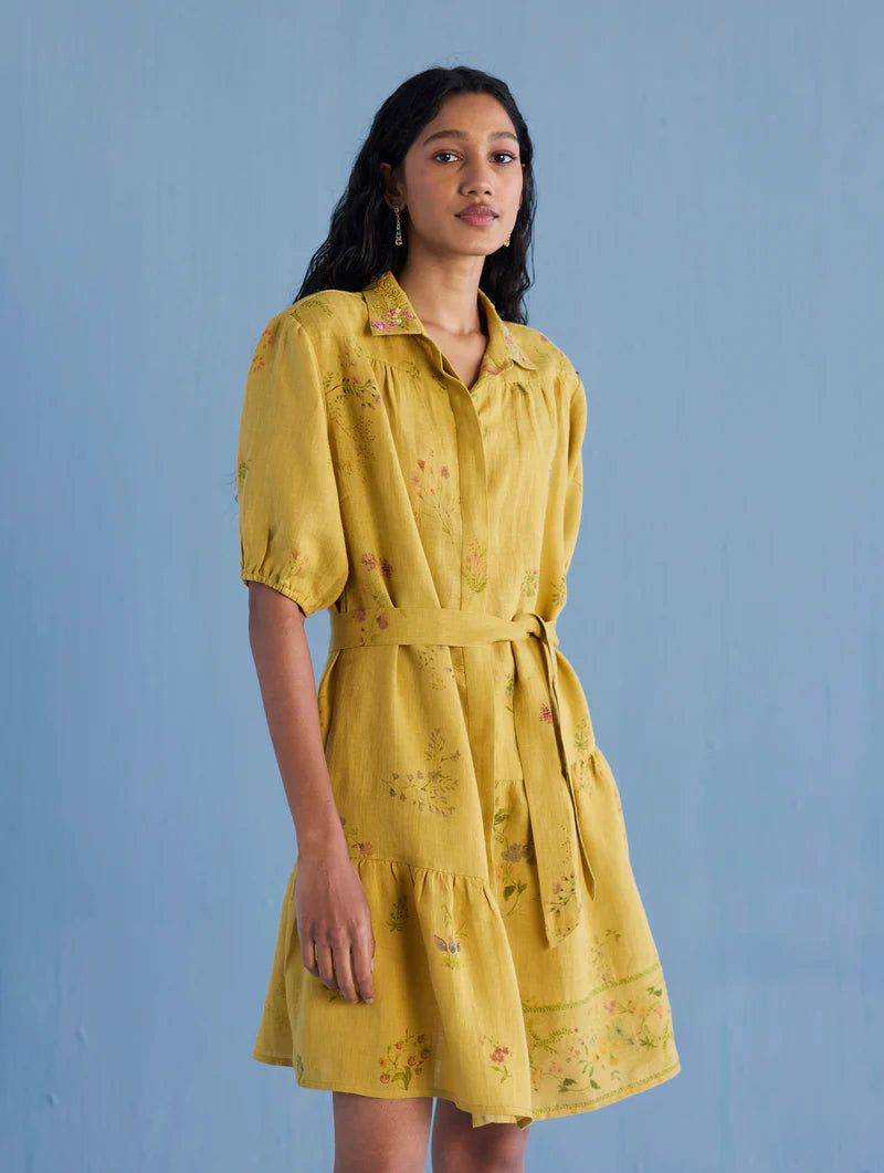 Sia Hand-Embroidered Floral Dress - Ochre
