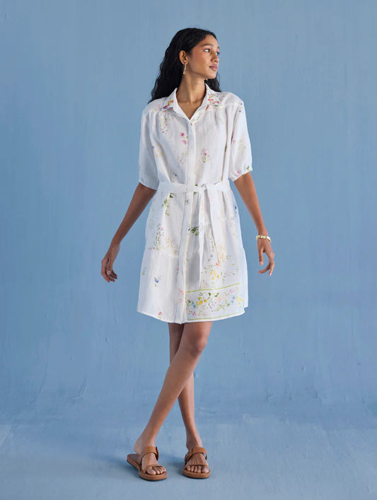 Sia Hand-Embroidered Floral Dress - White