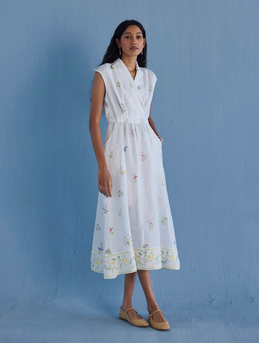 Mema Shawl Collar Printed Linen Dress - White