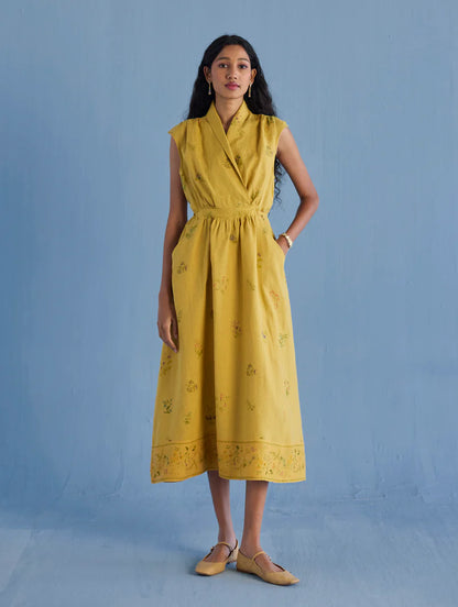 Mema Shawl Collar Printed Linen Dress - Ochre