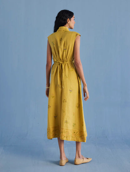Mema Shawl Collar Printed Linen Dress - Ochre