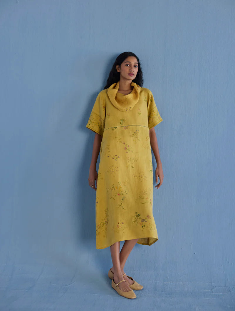 Imara Cowl Neck Linen Dress - Ochre