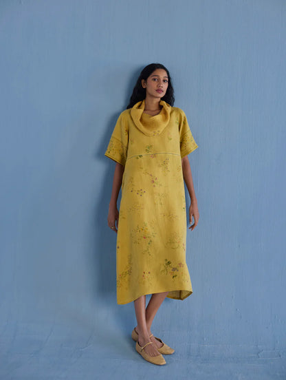 Imara Cowl Neck Linen Dress - Ochre