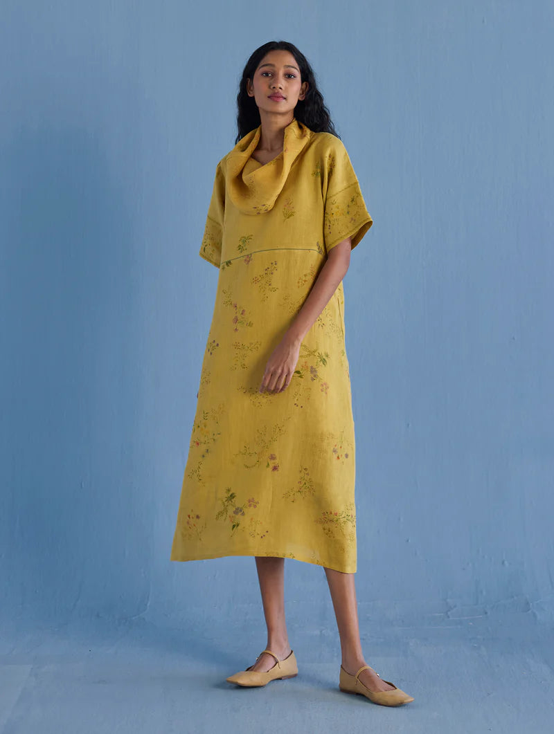 Imara Cowl Neck Linen Dress - Ochre