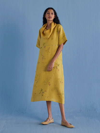 Imara Cowl Neck Linen Dress - Ochre
