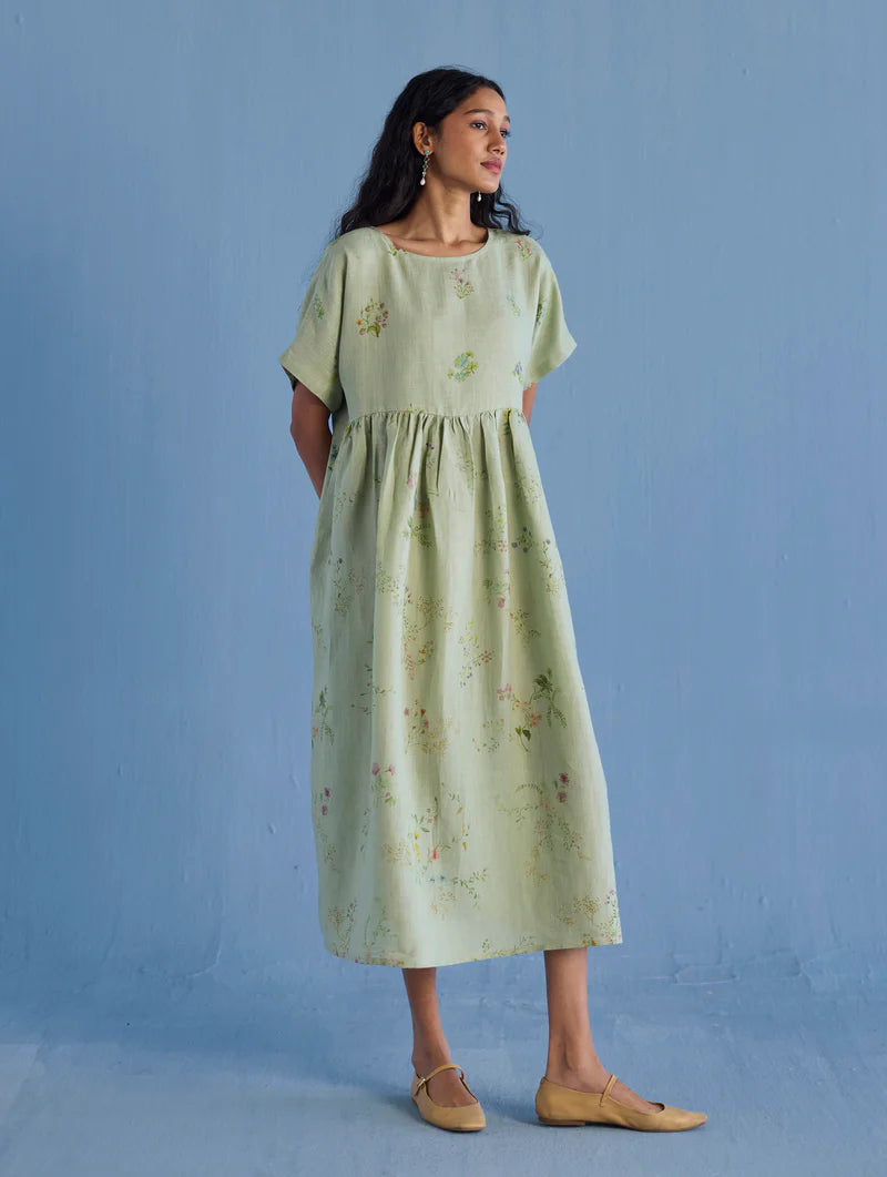 Uniko Pleated Floral Linen Dress - Mint