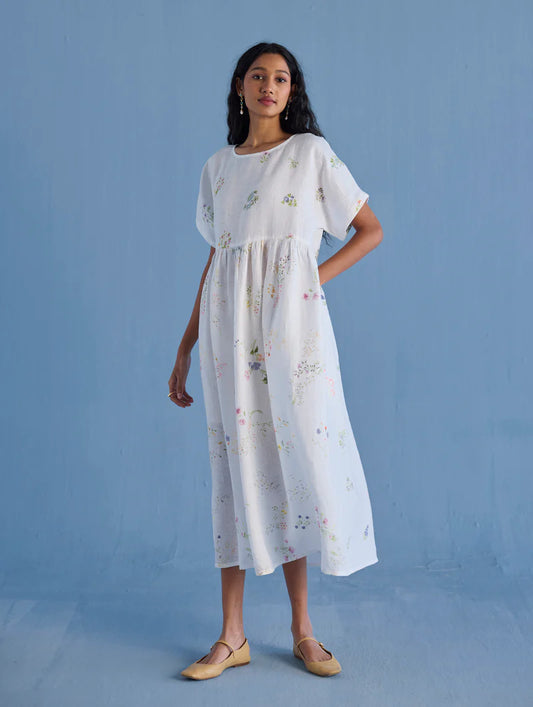 Uniko Pleated Floral Linen Dress - White